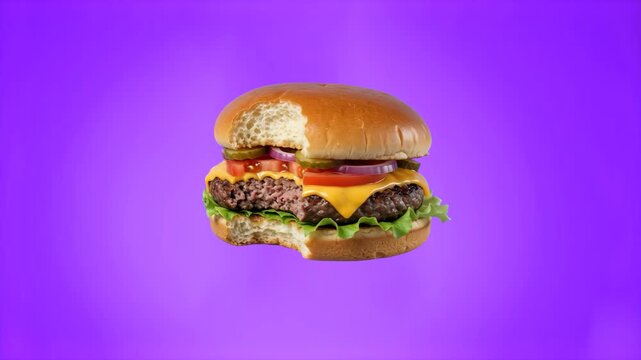 A juicy 3D animated cheeseburger showing a bite mark presented on a vibrant purple studio background. Suitable for modern fast food branding, culinary marketing, and social media promotions.