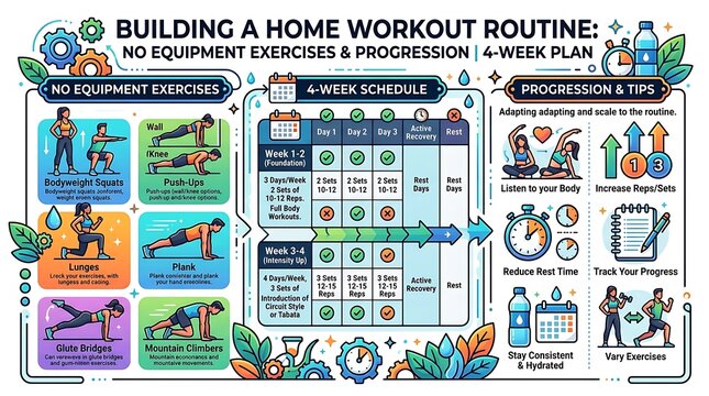 Home workout routine guide with no equipment exercises and schedule