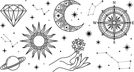 Mystical Celestial Line Art Icon Set with Detailed Sun, Patterned Crescent Moon, Nautical Compass, Diamond, Saturn Planet, Mystical Hand, and Constellation Stars © Neel