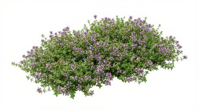 Thyme herb plant with purple flowers isolated on white background