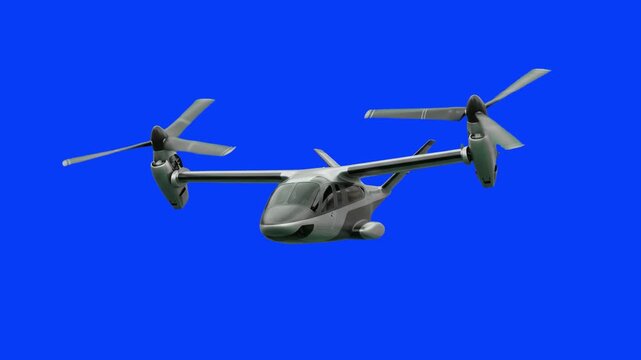 A 3D tiltrotor aircraft with dual rotors in flight against a solid blue chroma key background. Suitable for video game cinematics, movie compositing, futuristic transport trailers, and aerospace marke