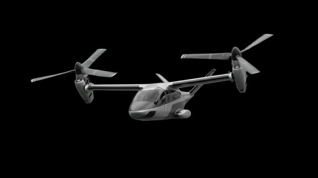A modern 3D tiltrotor aircraft with twin rotating propellers flies against a dark black background. Great for futuristic military concepts, aerospace technology clips, science fiction VFX, and aviatio