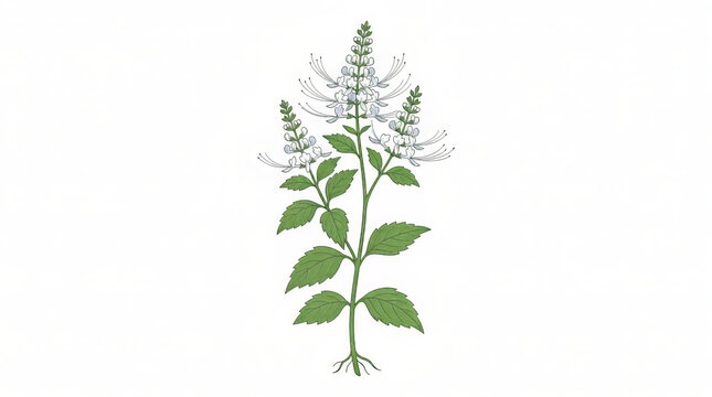 Cats whiskers plant illustration. Orthosiphon stamineus botanical drawing on white background.