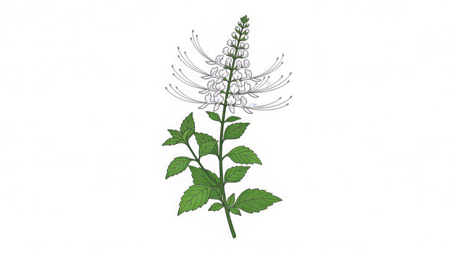 Cat's whiskers plant illustration. Orthosiphon stamineus botanical drawing on white background.