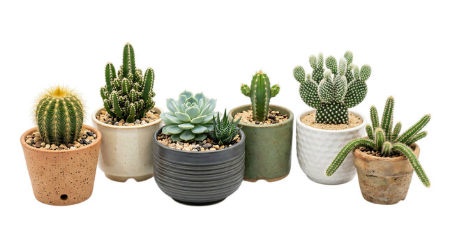 Potted succulent and cactus collection on white background, variety of small indoor green plants in ceramic pots, decorative desert houseplants set