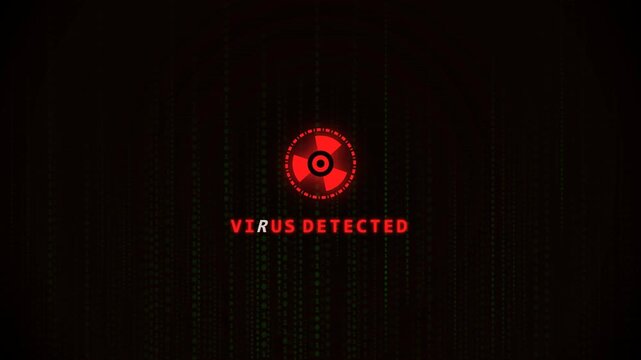 Futuristic cyber infection threat footage with glitch text and red virus icon on digital screen
