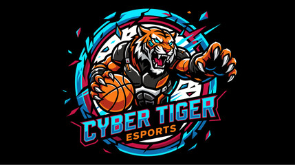Aggressive cyber tiger mascot logo design for esports basketball team with neon blue and red accents. © morph