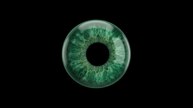 A close-up 3D render of a green human eyeball and iris dilating against a solid dark backdrop. Ideal for sci-fi video effects, medical visual concepts, surveillance graphics, and high-contrast motion 