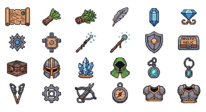 A collection of pixel art fantasy RPG icons featuring weapons, armor, magical artifacts, and adventure tools isolated on a white background.