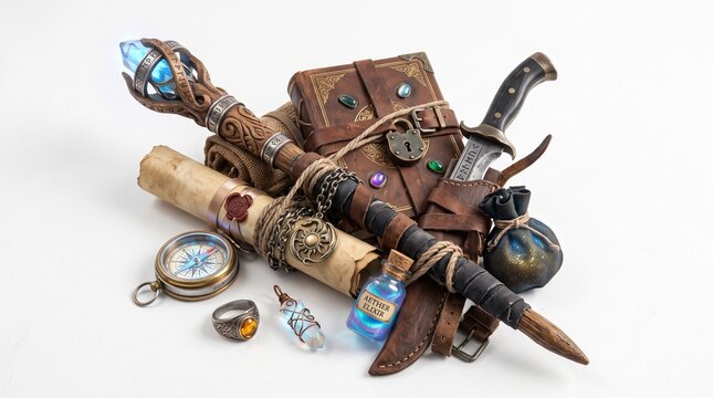 Rustic fantasy adventurer's equipment featuring a glowing crystal staff, leather-bound book, dagger, compass, and potion bottles on white.