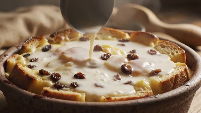 Ladle pouring creamy custard over freshly baked bread pudding with raisins in cozy kitchen