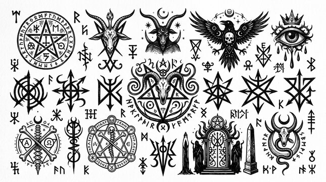 Intricate collection of mystical and dark occult symbols, featuring pentagrams, Baphomet, ancient runes, and magical sigils in a monochrome style.