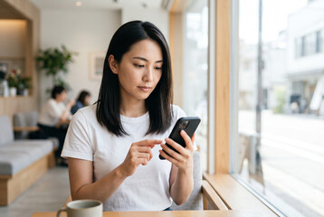 Fototapeta premium カフェでスマホを操作するカジュアルな女性 Generative AI
