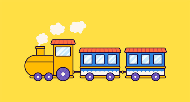 Steam train with passenger carriages and smoke in a colorful cartoon style. Perfect for transportation, railway, travel, education, and children's design projects.