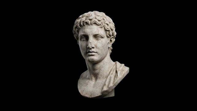A dramatic 3D render of an ancient marble head bust with classic features against a solid black background. Ideal for documentary visuals, dramatic historical themes, and art-related promotional mater