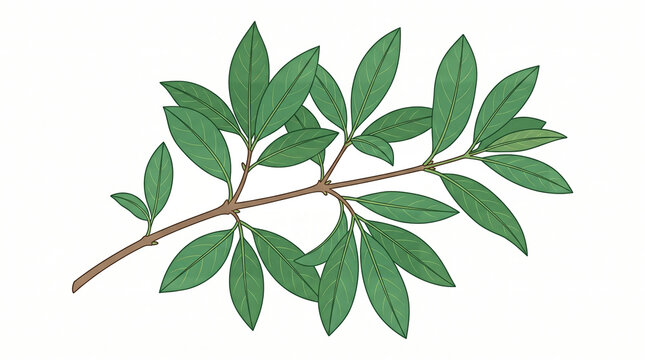 Green leaves branch illustration. Botanical drawing of foliage on a white background.