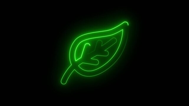 Glowing green leaf outline icon on black background