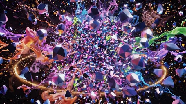 Spherical cluster of colorful crystals with glowing rings.