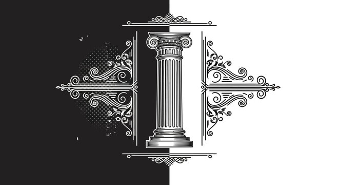 Decorative Architectural Classical Column Vector Graphic Design with Ornate Flourish Elements on Split Black and White Background