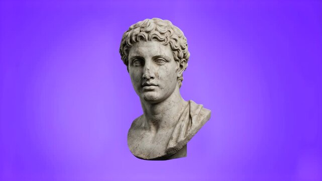 A 3D render of an ancient Greek marble bust sculpture set against a bold purple background. Suited for artistic overlays, educational history content, and vaporwave-style graphic designs.