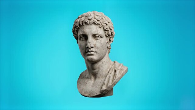 A classical Greek marble bust statue isolated on a bright cyan teal background. Perfect for modern artistic graphics, vaporwave visuals, art history educational content, creative agency branding, and 