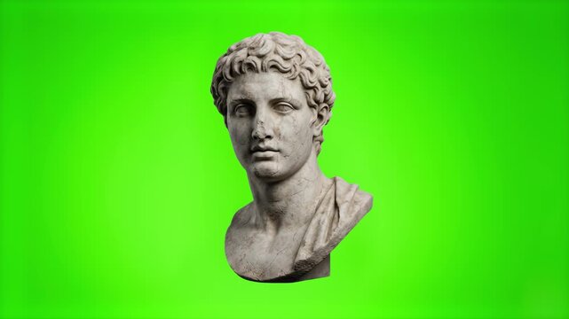 A classical marble bust statue of an ancient Greek or Roman man isolated on a bright green chroma key background. Perfect for vaporwave aesthetic edits, history documentary promos, art history videos,