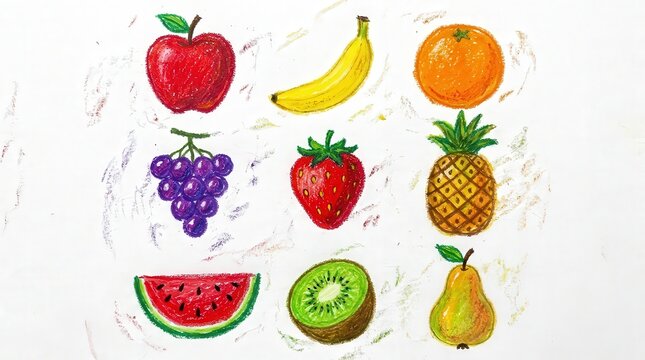 Colorful hand drawn watercolor fruit collection with apple, banana, orange, grape, strawberry and pineapple, cute kitchen food artwork