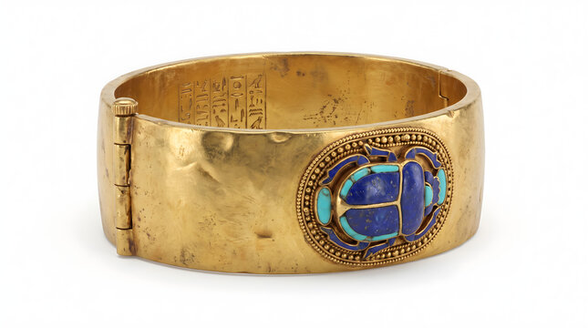 Ancient Egyptian gold armband cuff with inlaid lapis scarab