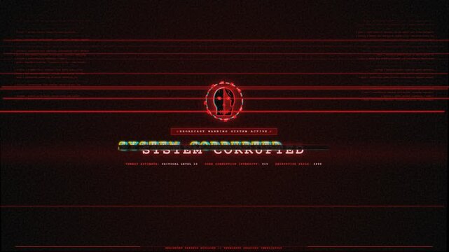System corrupted broadcast warning footage with glowing red digital text and skull icon loop.