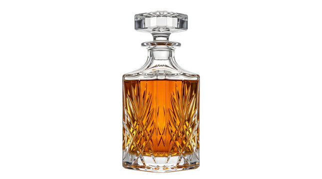 Elegant crystal whiskey decanter with amber liquor, luxury glass bottle for scotch or bourbon, premium barware isolated on white background
