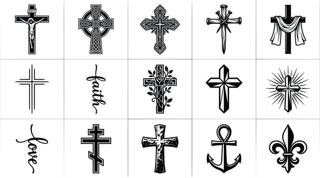Religious Christian cross icons set, black and white crucifix vector collection, 15 spiritual symbols for church branding and tattoo design