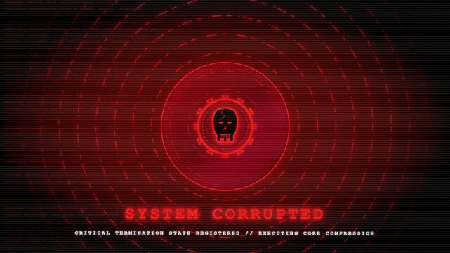 Motion graphics video of a red digital hacking alert with system corrupted error and skull icon.