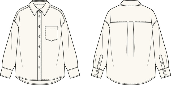 Technical fashion sketch of a long sleeve button down shirt with front and back views