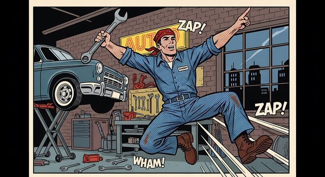 Excited auto mechanic jumping in a garage holding a wrench, comic art style