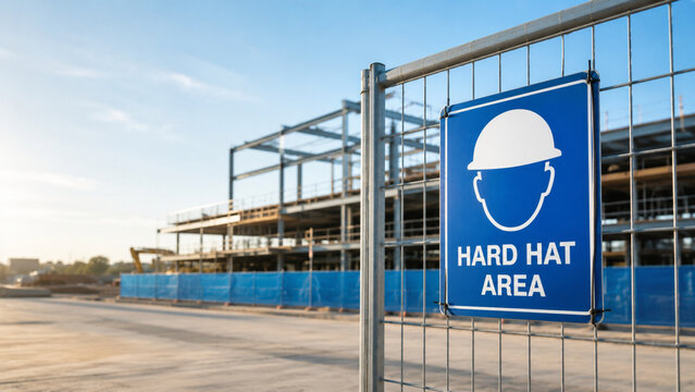 Construction site safety warning sign mounted on a site fence