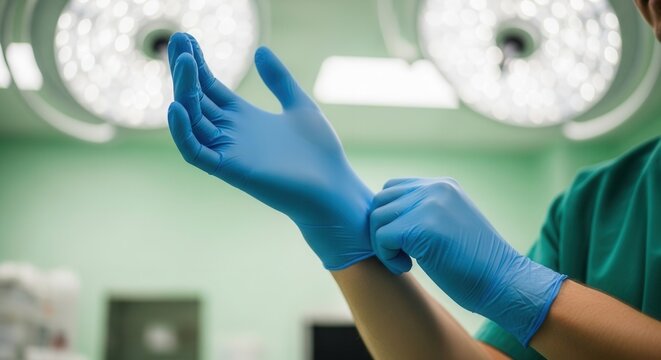 Healthcare Professional Donning Blue Gloves in Operating Room, Preparing for Surgery Under Bright Surgical Lights