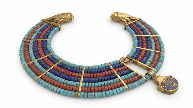 Ancient Egyptian broad collar necklace with falcon terminals and colorful beads