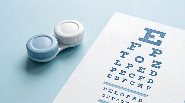 Professional vision care setup with Snellen eye chart and contact lens storage container on minimalist blue background for ophthalmology