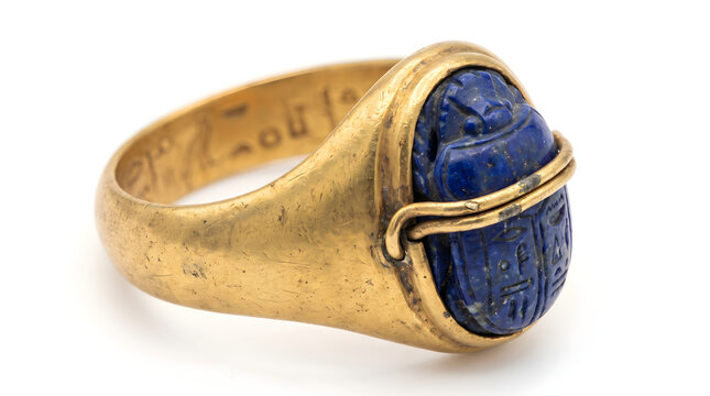Ancient Egyptian gold signet ring with engraved lapis scarab beetle