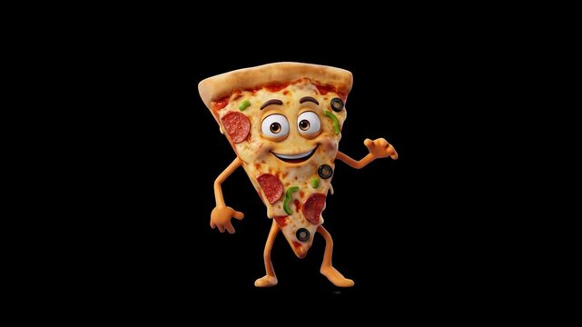 A happy 3D character modeled as a slice of pizza with pepperoni, olives, and cheese, dancing joyfully isolated against a solid black backdrop. Designed for fast food advertising, high-contrast video p