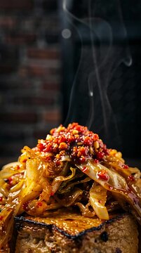 Middle Eastern rice dish with toppings steaming and freshly served in a rustic indoor restaurant setting