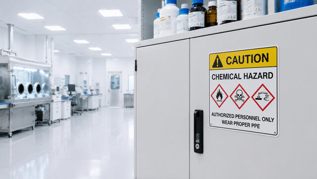 Chemical hazard warning sign on an industrial storage unit in a facility