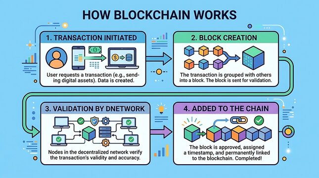 Infographic explaining how blockchain technology works in four steps