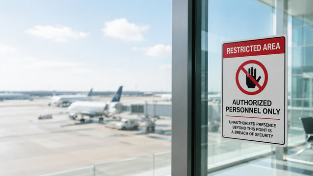 Airport restricted area warning sign on a terminal glass window