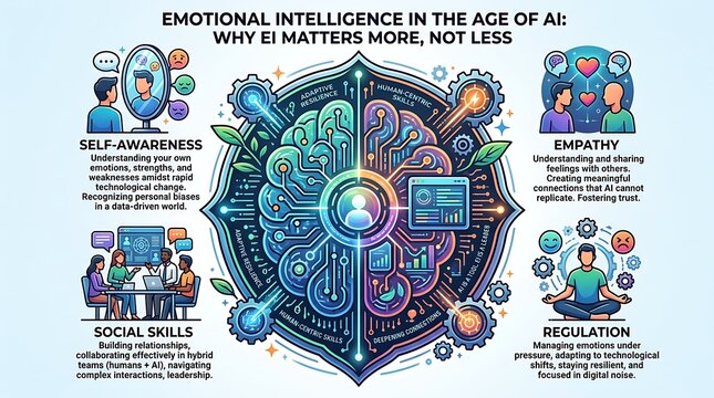 Emotional intelligence infographic focusing on human skills and ai