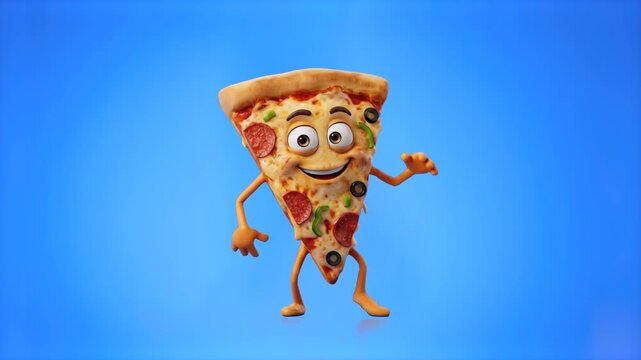 A cheerful 3D mascot shaped like a slice of pepperoni and olive pizza performing a fun dance routine against a vibrant blue studio backdrop. Perfect for pizzeria promos, fast food marketing, Italian r