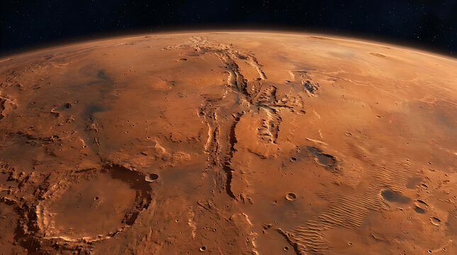 High-resolution illustration of a rocky cratered planetary surface with deep valleys and reddish dust under a dark horizon