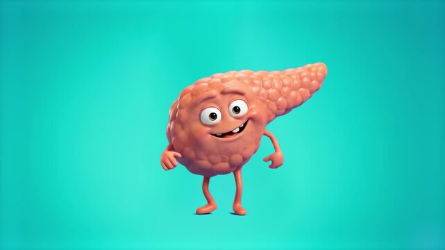 A cute and friendly 3D cartoon pancreas organ mascot standing cheerfully against a bright teal studio backdrop. Excellent for medical education, healthcare awareness campaigns, diabetes promos, endocr