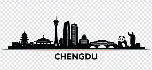 Chengdu skyline silhouette with panda and traditional architecture © MstSabina