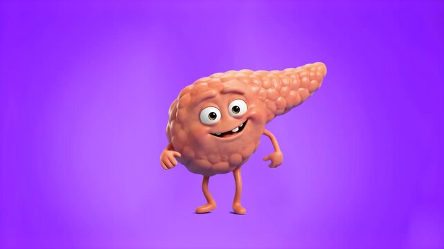 A friendly pink 3D cartoon pancreas organ character with a smiling face dancing isolated on a solid purple backdrop. Ideal for medical animations, health education videos, endocrinology topics, and di